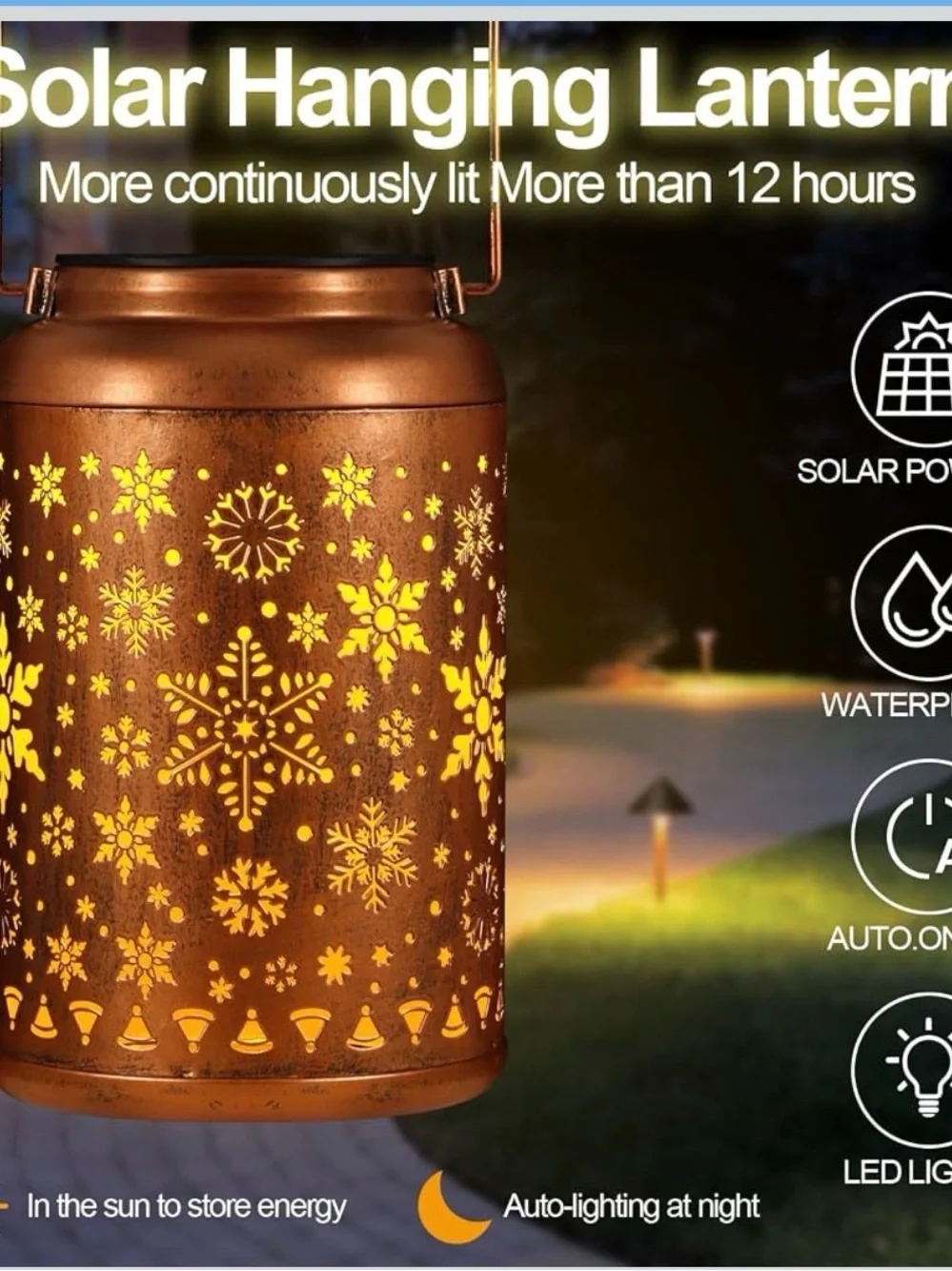 Solar-Powered Metal Lantern with Copper Snowflake Pattern